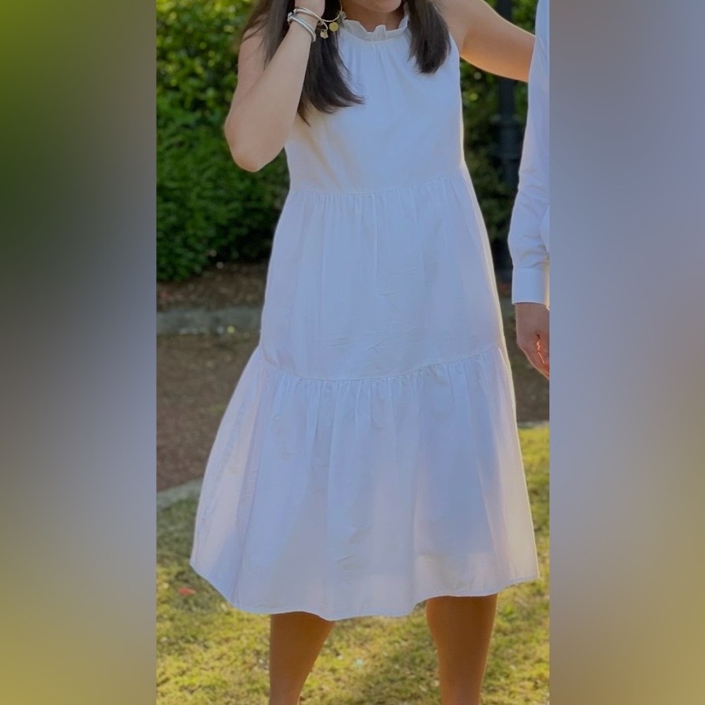 LAKE Poplin Ruffle Neck Dress in White Sleeveless Tiered Cotton Dress